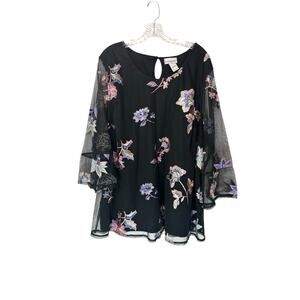 Catherines Blouse Black Plus Lace Floral Embroidered Whimsical Fairy Size 2X